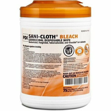 PDI HC Cleaning Wipes, w/Bleach, 6inx10-1/2in, 75/Canister, White PDIP54072